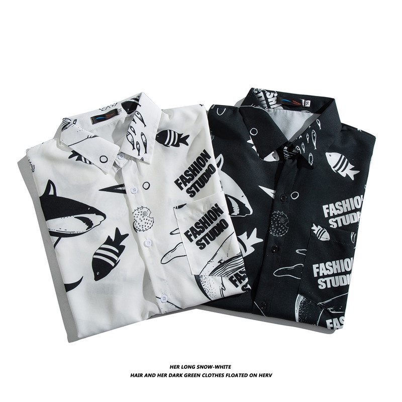 Short Sleeve Shirt With Cartoon Shark Print Korean Style Summer Fashion For Men 2022