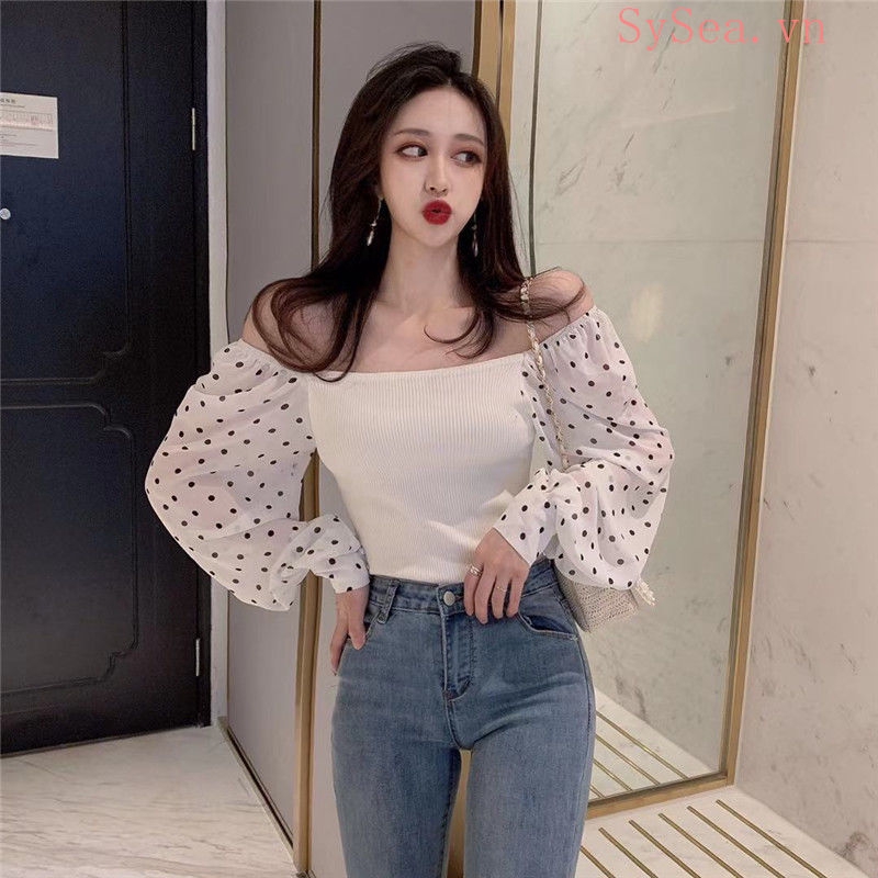 Áo kiểu tay dài họa tiết chấm bi thời trang phong cách cho nữ