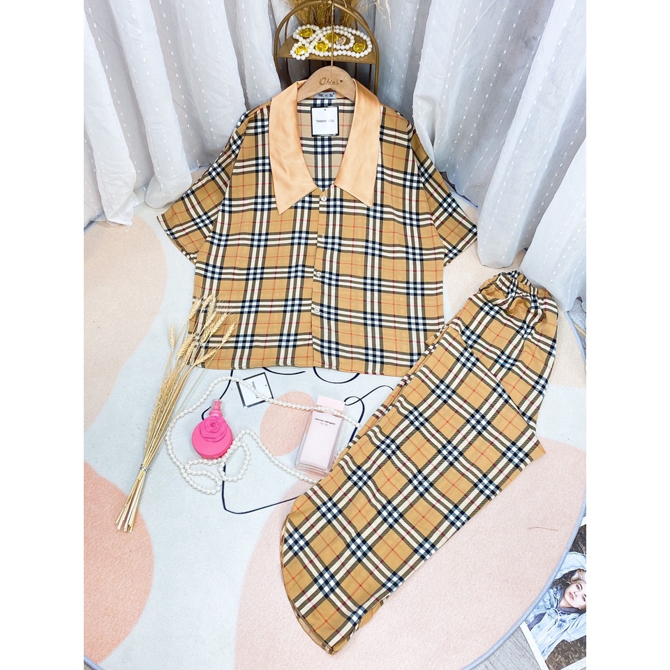Đồ bộ dài mặc nhà tay ngắn quần dài cổ nhọn LỤA cao cấp sang trọng cho bạn nữ dưới 65kg