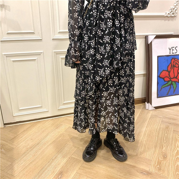 Đầm voan hoa nhí dáng dài phối tầng phong cách retro Hàn Quốc ulzzang