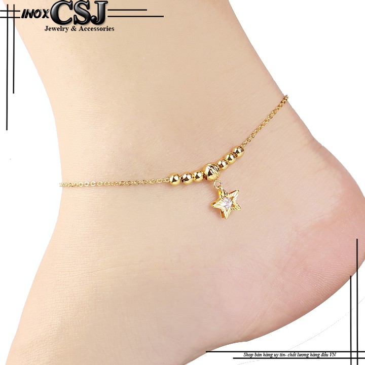Lắc chân inox nữ CSJ kiểu bi cách điệu ngôi sao xoàn mạ vàng không đen
