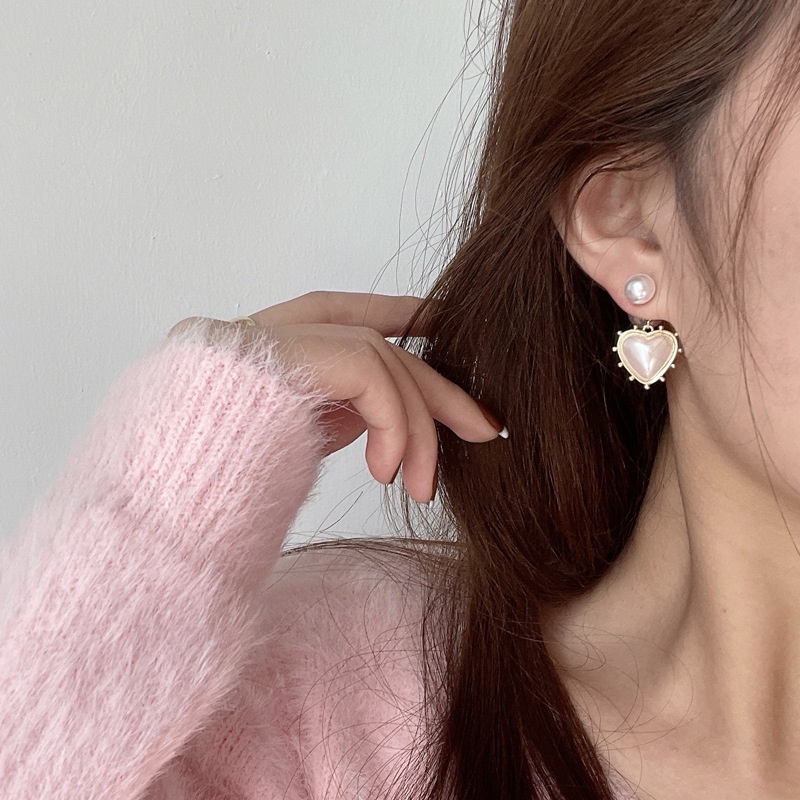 Bông Tai Mạ Bạc 925 Hình Trái Tim Đính Ngọc Trai Phong Cách Retro Hàn Quốc Cho Nữ