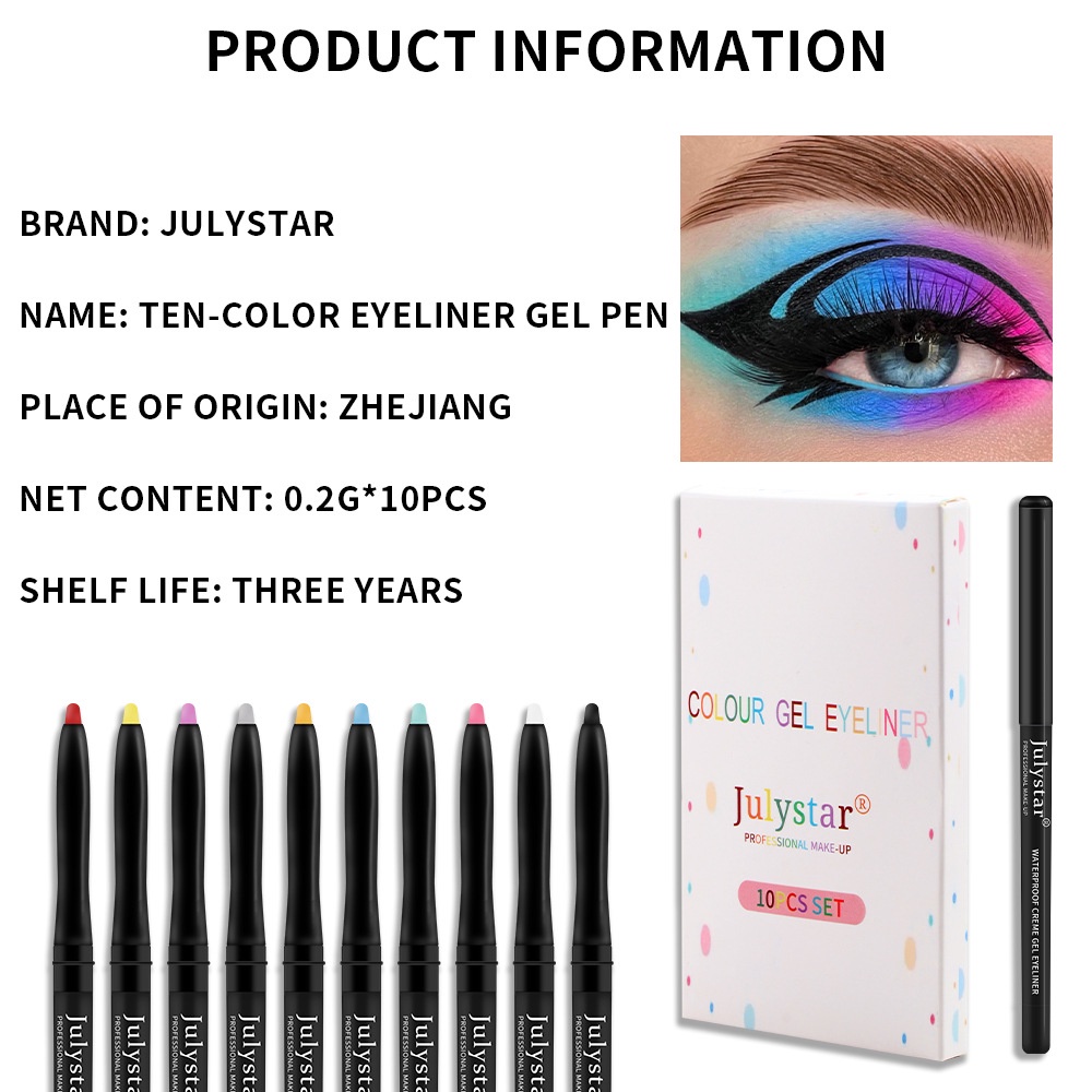 Set 10 Bút Kẻ Mắt Dạng Gel Siêu Mỏng Mềm Mịn Không Thấm Nước Lâu Trôi