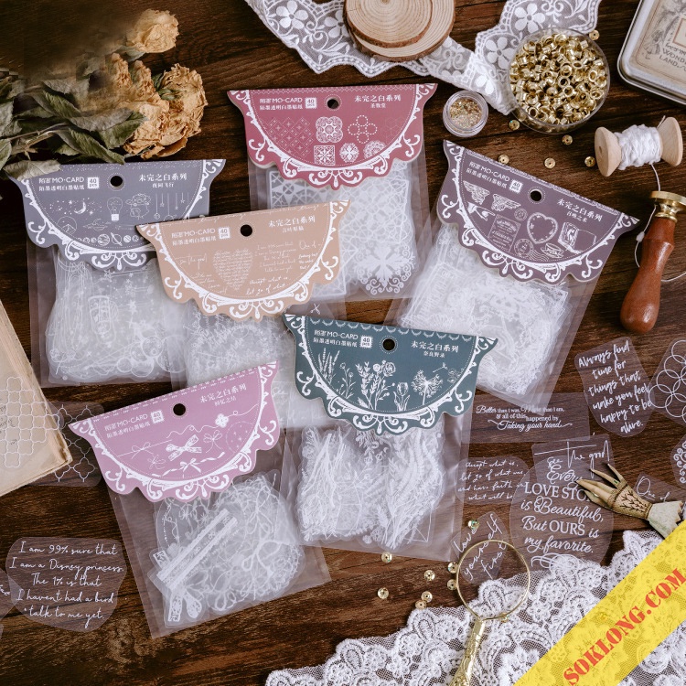 Túi 40 sticker trong suốt cỡ lớn hình ngân hà, câu quotes Vintage dán bullet journal, sổ tay STI10