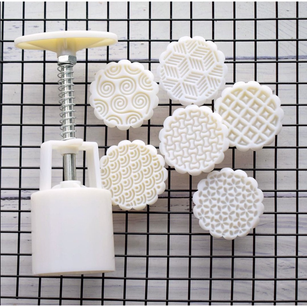 Khuôn trung thu lò xo 6 mặt hoạ tiết Vân Mây/ hoạ tiết Đan 50g - 125g