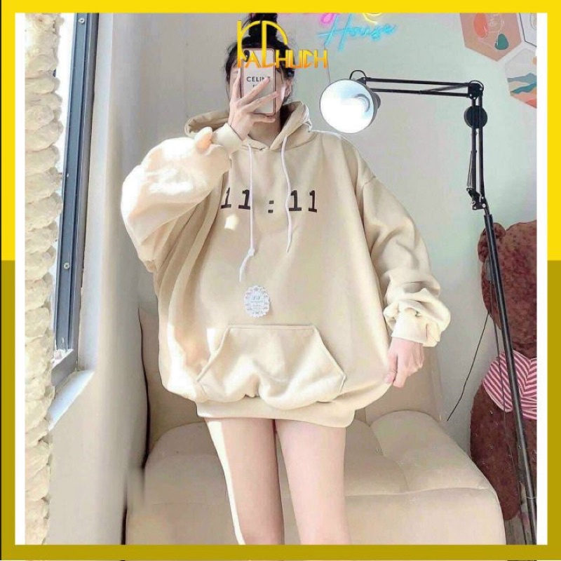 Áo hoodie tay phồng in 11:11 giờ, form rộng &lt;65kg hàng nỉ ngoại dày dặn nón 2 lớ