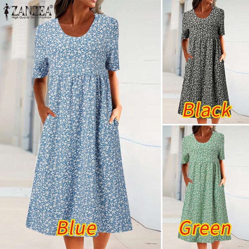 Đầm babydoll Zanzea họa tiết hoa có túi phong cách Châu Âu cho nữ