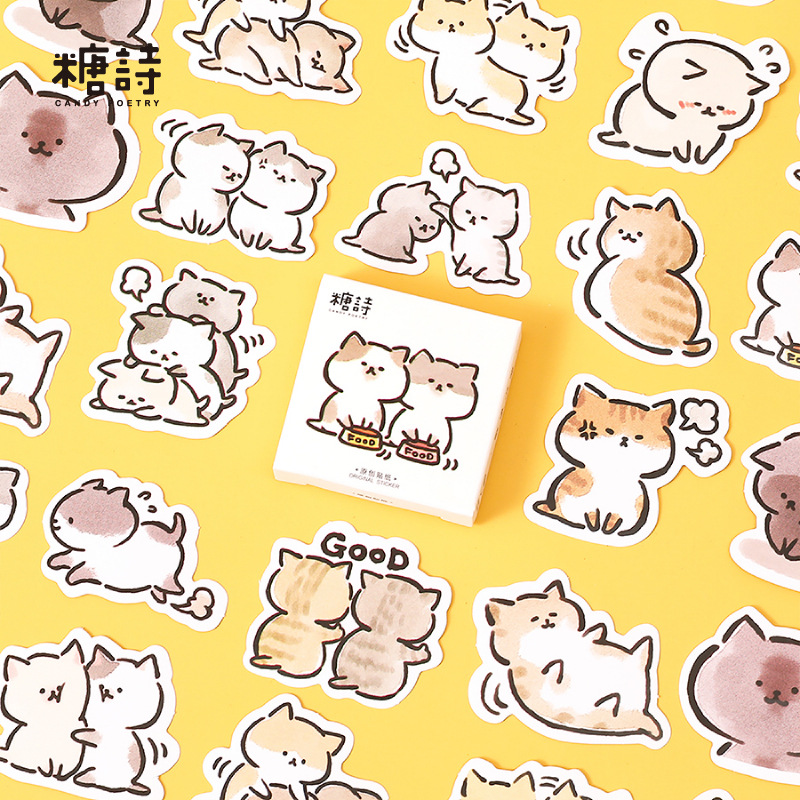 Hộp 45 miếng sticker hình mèo hoạt hình đáng yêu trang trí sổ nhật ký DIY