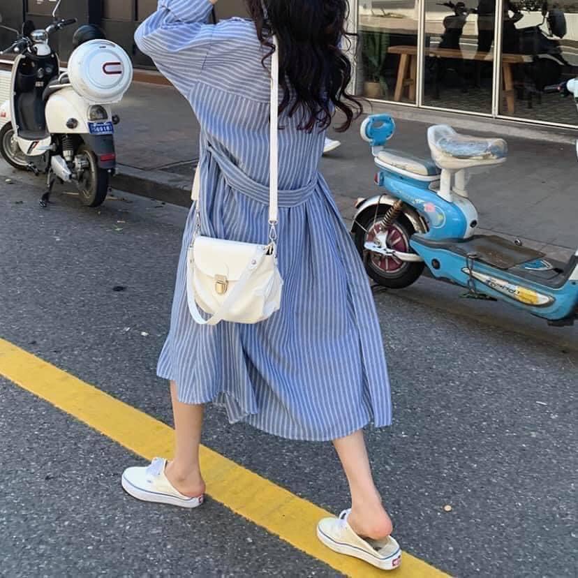 [Ảnh thật] Đầm - Váy sơ mi kẻ sọc dài tay kèm đai ulzzang