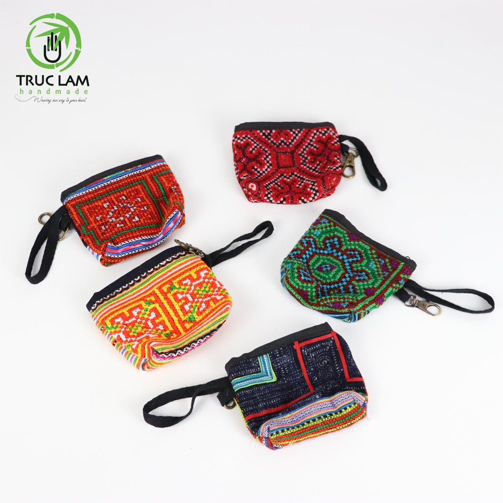 Ví Xu Mini Cầm Tay Móc Chìa Khóa Vải Thổ Cẩm Thêu Tay Trúc Lâm Handmade