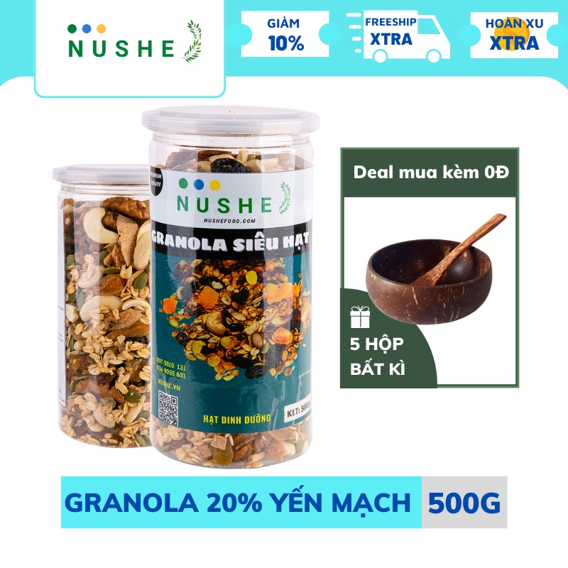 Granola Siêu Hạt Ăn Kiêng, NUSHEFOOD, Giảm Cân, Ăn Vặt, Các Loại Hạt Dinh Dưỡng Mix, Yến Mạch 500gr