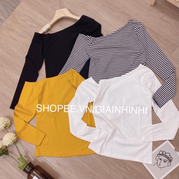 Áo thun lệch vai dài tay xỏ ngón, Áo kiểu trễ vai dài tay vải cotton co giãn CS1333 - NhiNhiShop  ྇