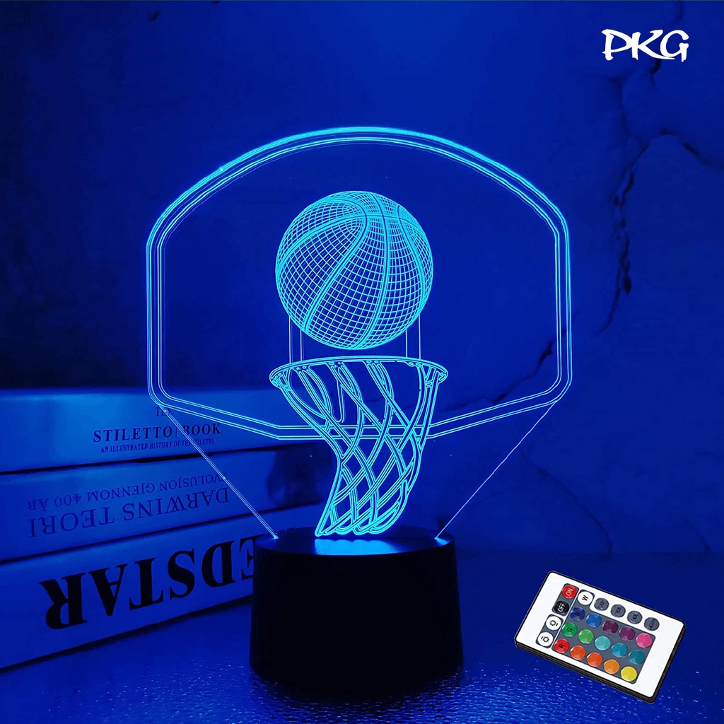 Đèn Ngủ Led 3D Khắc Hình GIỎ BÓNG RỔ Quà Tặng Trang Trí cảm ứng có Điều khiển từ xa nháy sáng 16 màu