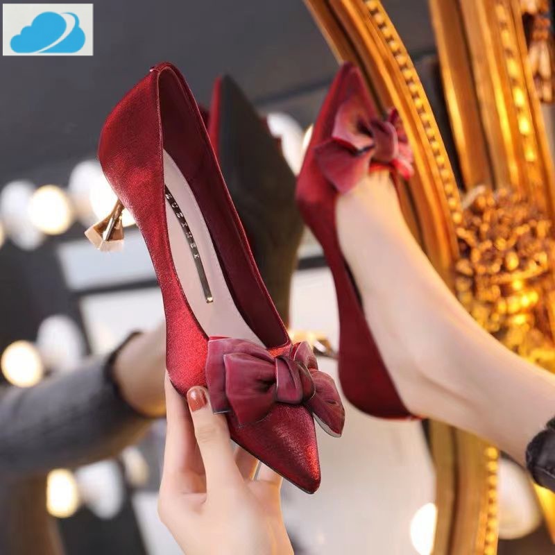 Giày Cao Gót 3cm Mũi Nhọn Đính Nơ Thời Trang Mùa Thu 2022 Mới