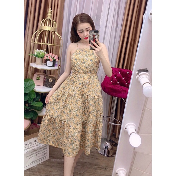 Đầm hoa cổ yếm cột nơ sau lưng có mút kèm hình thật.
