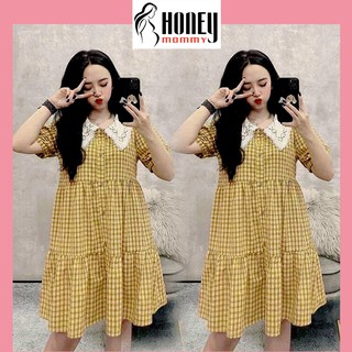 Đầm Bầu Váy Bầu Đuôi Cá Kẻ Caro Màu Vàng Có Cổ Cúc Thật Công Sở Đi Chơi Lịch Sự HD2854 Honey Mommy