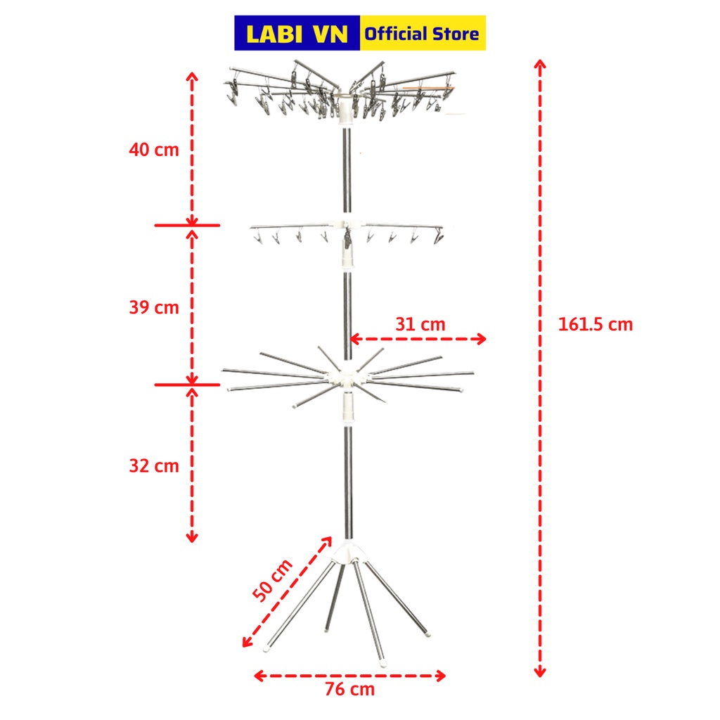 Cây Phơi Đồ Inox Đa Năng LABI VN LB081 Với 3 Tầng Gấp Gọn Tiện Lợi Và Có 80 Móc Treo Phơi Quần Áo, Phơi Đồ Trẻ Em