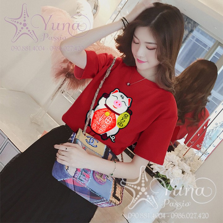 FREE SHIP 50K - Áo Thun Cotton Thêu Heo Bông Cao Cấp - Fom rộng dưới 65kg