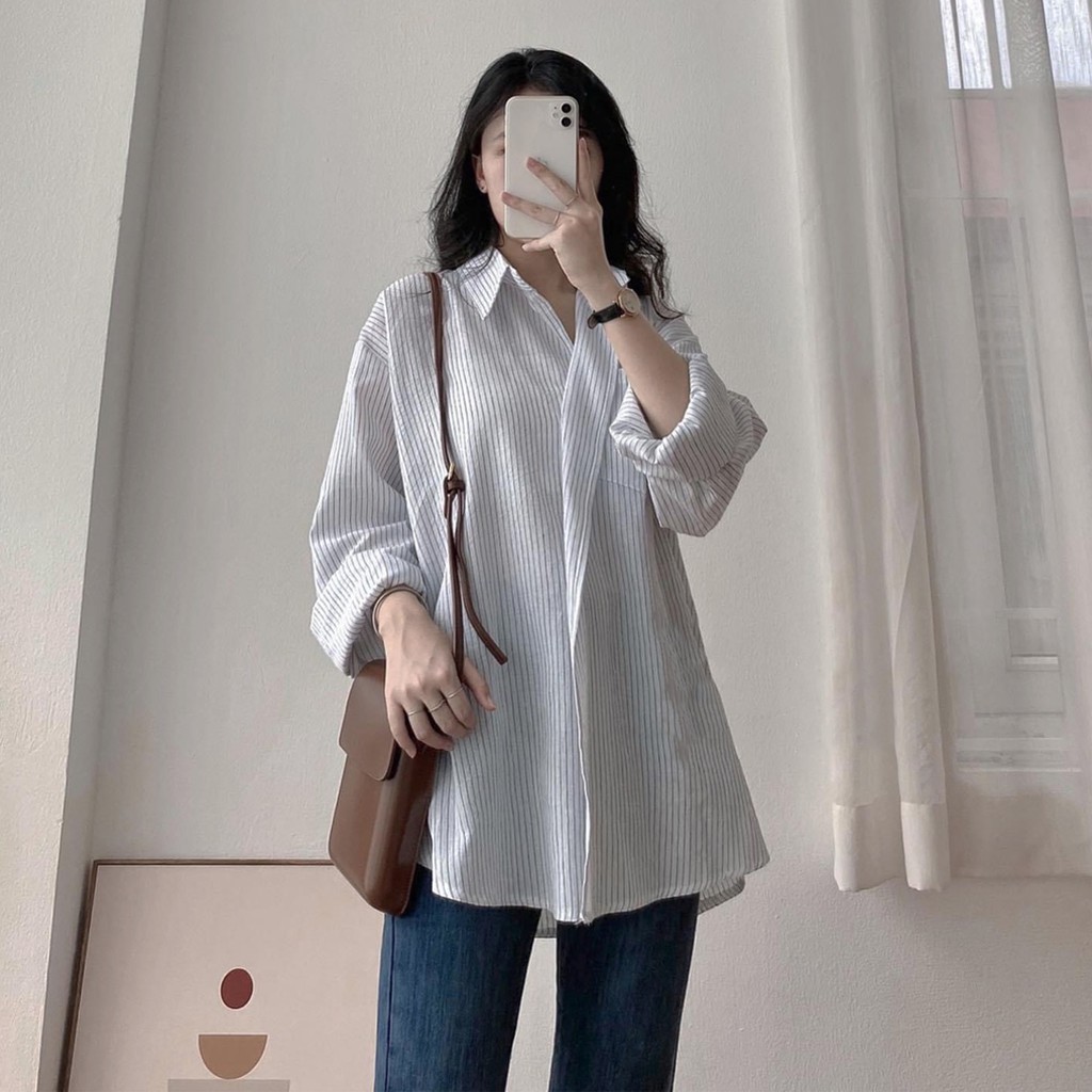 Áo sơ mi Hàn Quốc - Áo sơ mi dáng rộng lệch vạt kẻ nhỏ Ulzzang - Ảnh thật | BigBuy360 - bigbuy360.vn