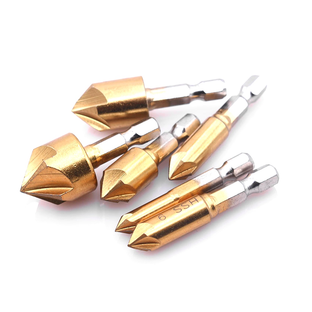 Bộ 6 dụng cụ vát mép gỗ 90 độ HSS DIYMORE 6 trong 1 6-8-9-12-16-19mm mạ titan có chuôi hình lục giác 1/4''