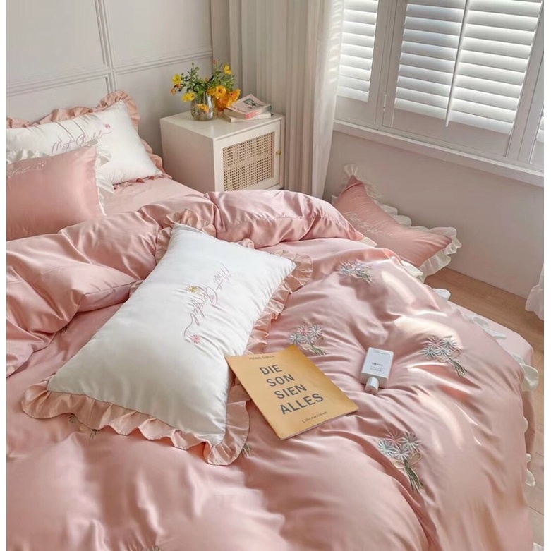 Bộ 4 món chăn ga gối lụa tencel thêu hoa
