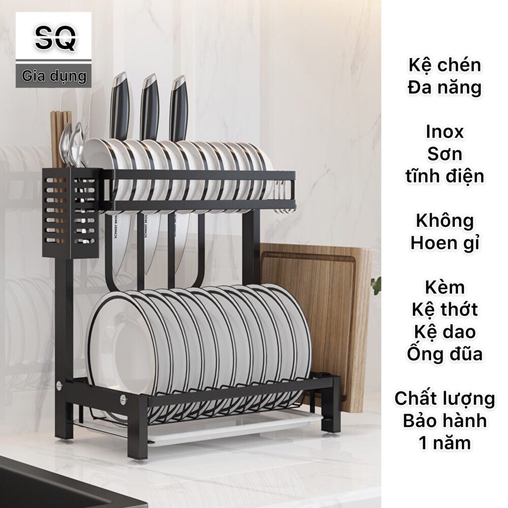 Kệ chén đa năng inox sơn tĩnh điện 2 tầng kèm kệ dao ống đũa kệ để thớt
