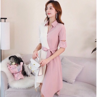 Đầm Hồng Vạt Chéo Phối Trắng