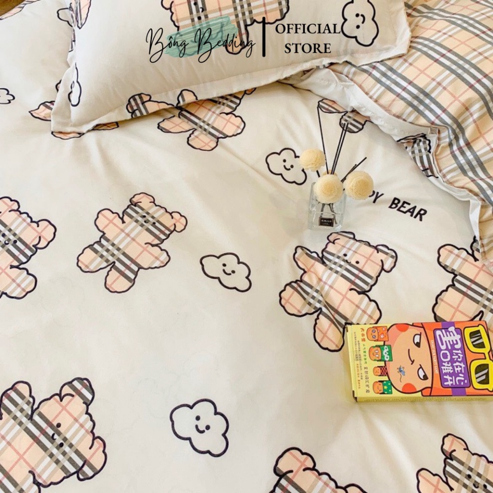 Bộ Chăn Ga Gối Cotton Poly Gấu Be Phối Ga Kẻ HIN BEDDING Miễn Phí Bo Chun