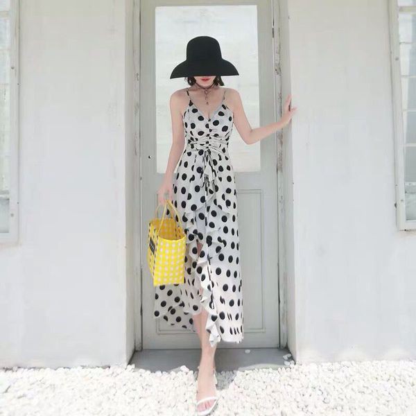 ĐẦM MAXI CHẤM BI 2 DÂY PHỐI BÈO MS346