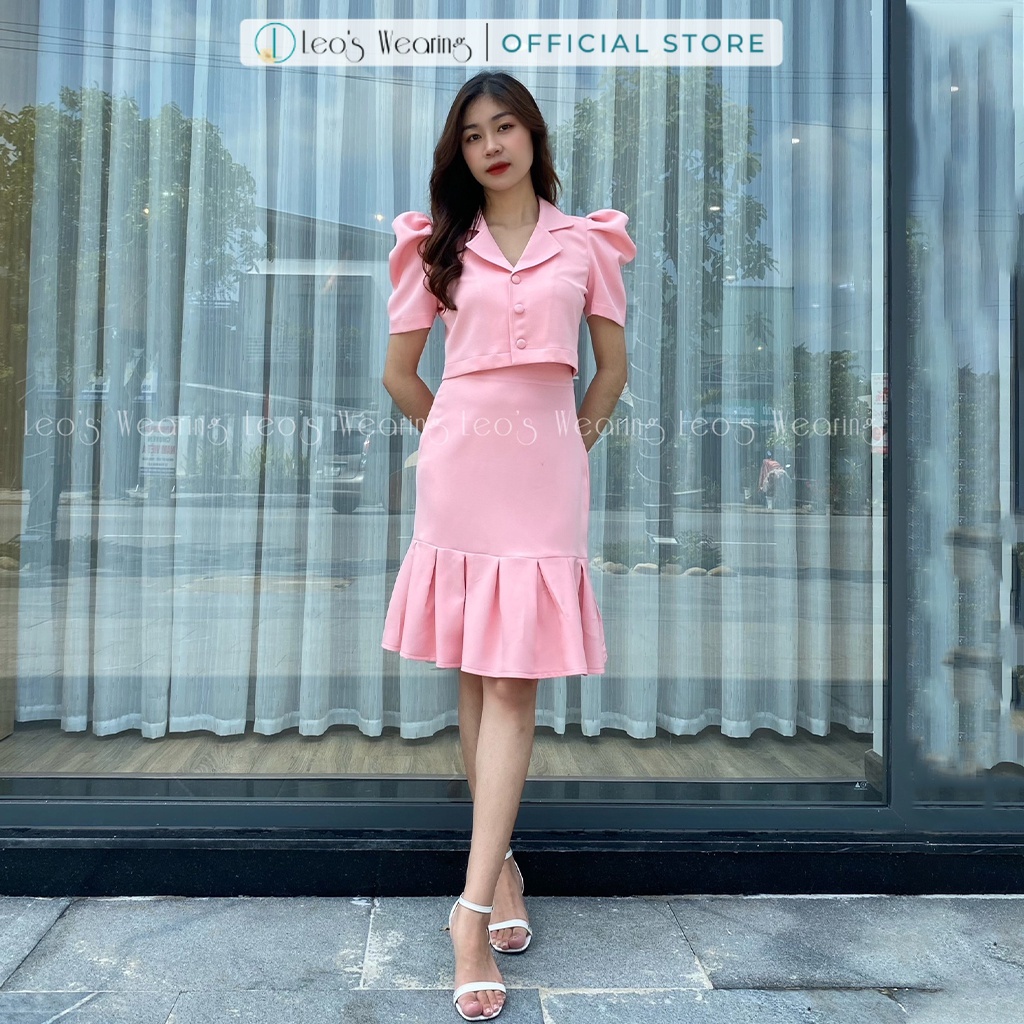 Set công sở chân váy đuôi cá mix áo sơ mi croptop tay ngắn vai bồng LEOSWEARING Q72
