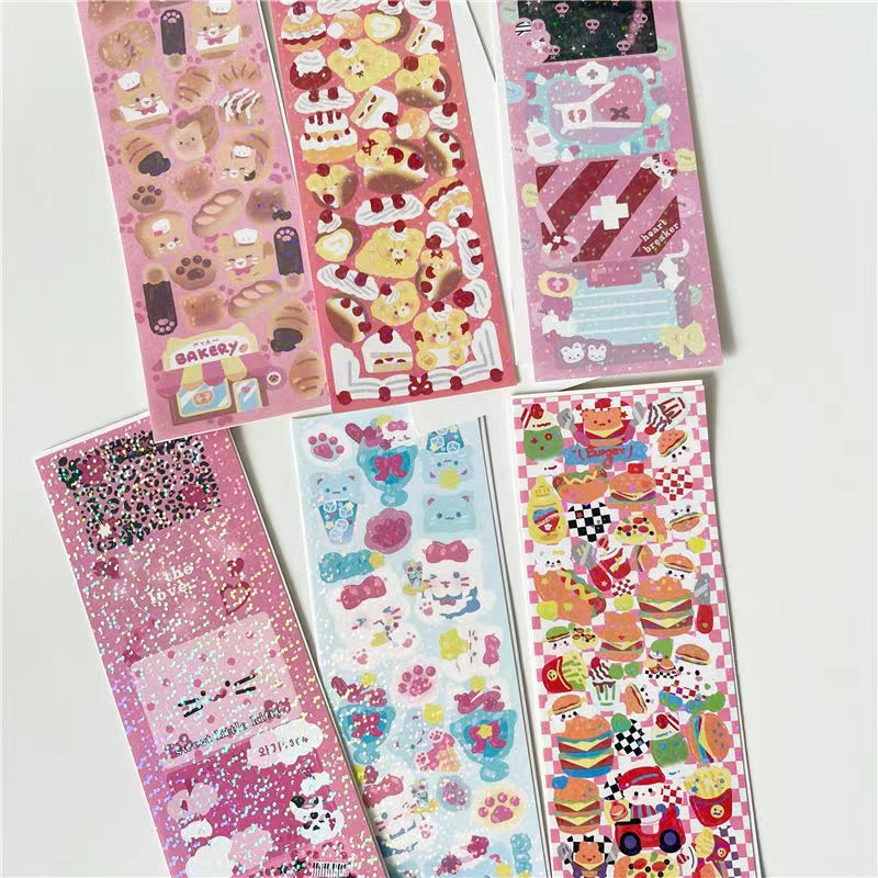Peach 1Pcs Korean INS cartoon cat Bear fries burger sticker Journal Scrapbook Decor Sticker