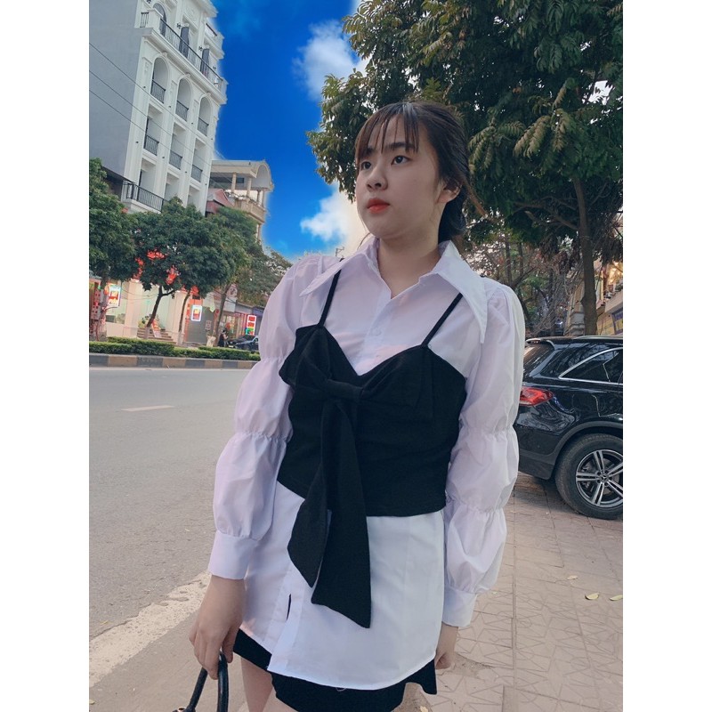 ÁO SƠ MI TAY BỒNG KÈM ÁO YẾM NƠ | BigBuy360 - bigbuy360.vn