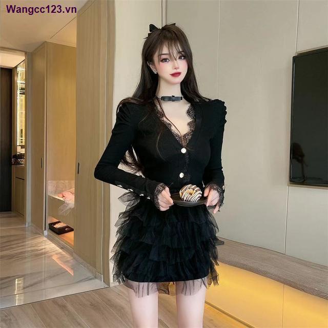 Đầm tay phồng dài cổ chữ V màu đen phong cách Pháp thời trang quyến rũ cho nữ