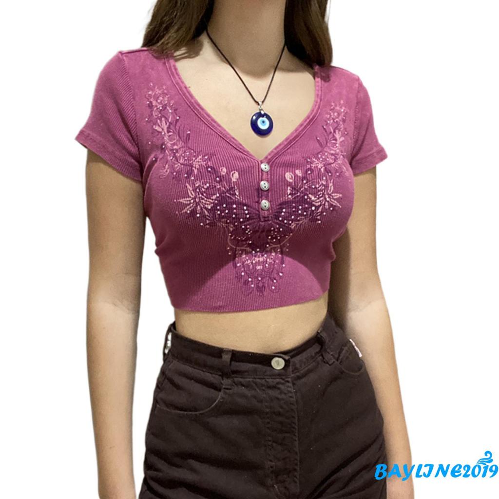 Áo thun dệt kim cổ chữ V in hình bướm dễ thương phong cách cổ điển thời trang mùa hè cho nữ BAY-Y2K