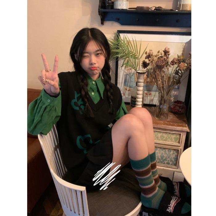 Set Áo Sơ Mi Dài Tay + Đầm Yếm Dệt Kim Thiết Kế Mới Thời Trang Mùa Xuân Thu Dành Cho Nữ