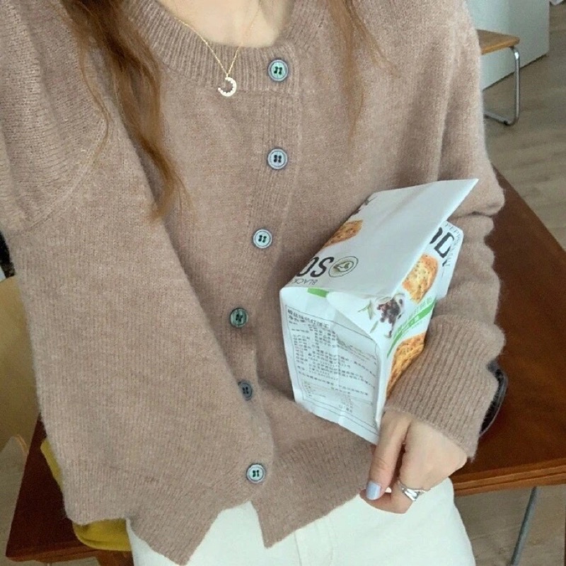 Áo Cardigan nút lệch form dài phong cách vintage hàn quốc