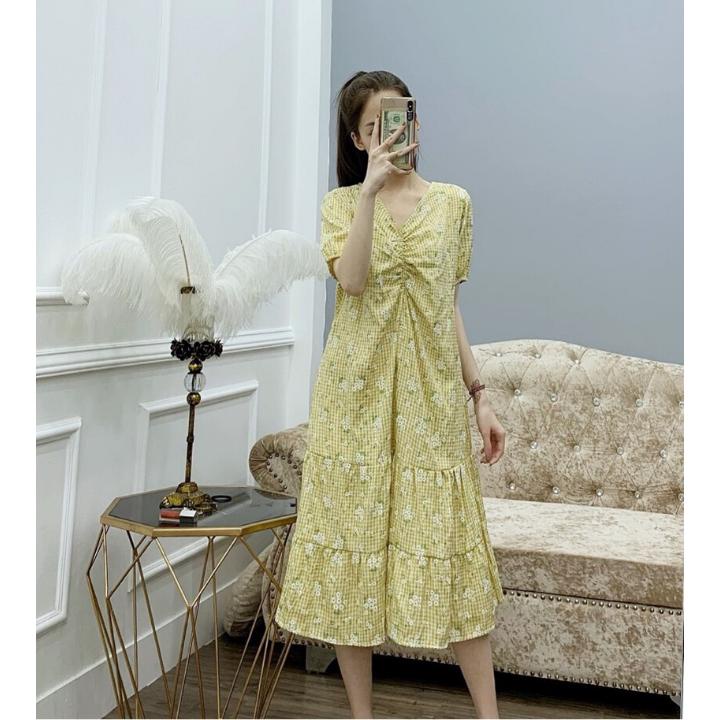 Đầm bầu ngắn tay rúm ngực M071 chất đũi thời trang thiết kế Mom and Baby