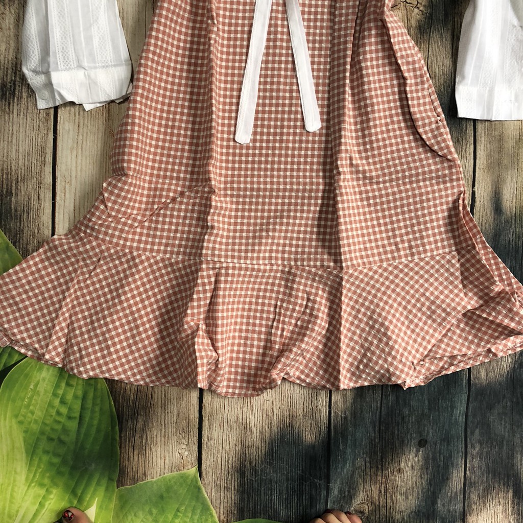 váy bầu giả yếm kẻ hồng v68