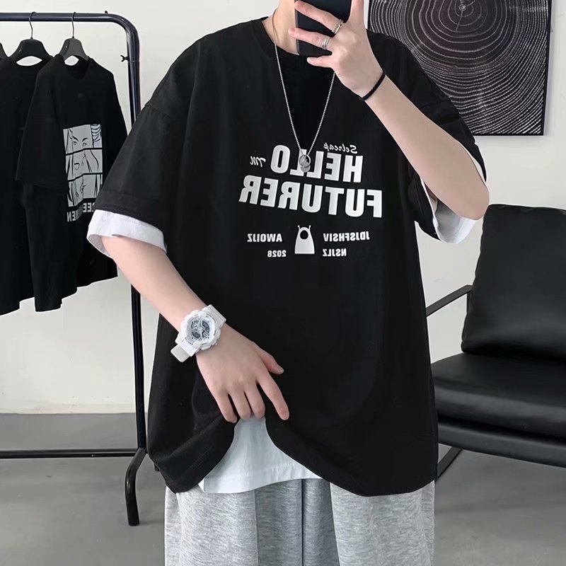 Áo thun tay ngắn cổ tròn dáng rộng in chữ Graffiti phong cách Nhật Bản thời trang cho nam size S-8XL