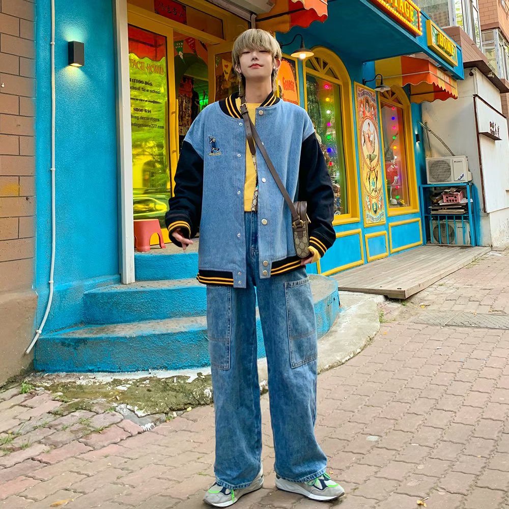 Áo khoác nam vải jean thời trang Hàn Quốc cá tính ifashion áo khoác bóng chày nam in hoa Soild color Thêu thùa new top