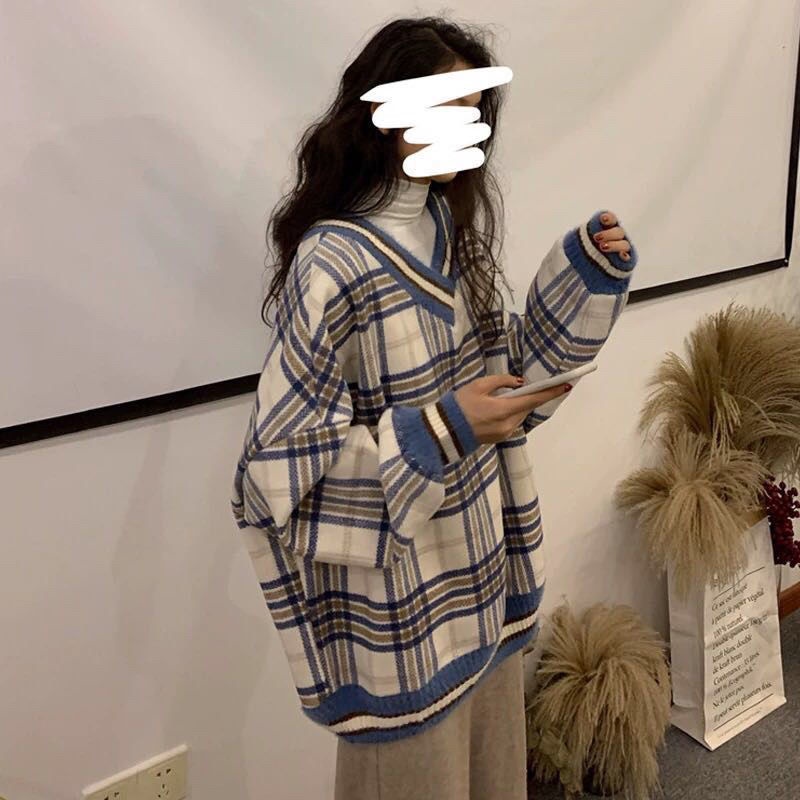 Áo len form rộng họa tiết sọc caro thời trang Hàn quốc | BigBuy360 - bigbuy360.vn