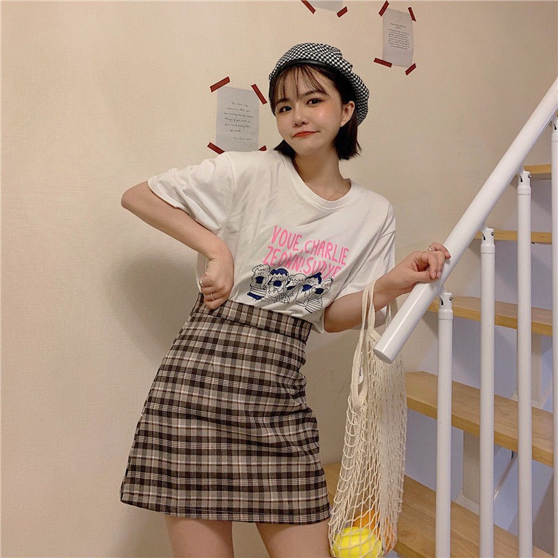 Korean fashion high-waisted plaid short skirt for women