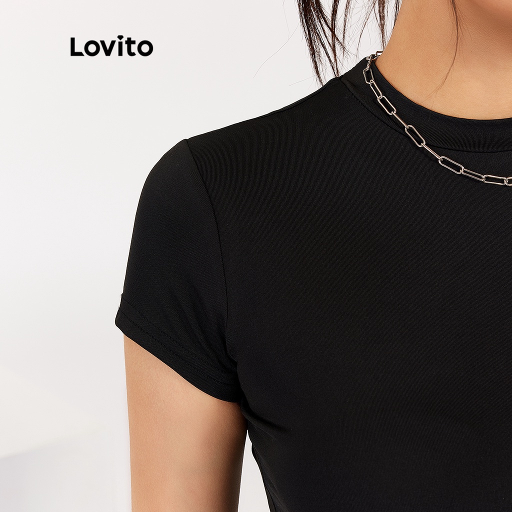 Áo liền quần Lovito màu trơn cổ tròn thiết kế đơn giản phong cách thường ngày L18X149 (Màu đen) | WebRaoVat - webraovat.net.vn