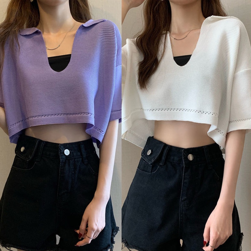 Áo Croptop Dệt Kim Tay Ngắn Cổ V Khoét Sâu Màu Trơn Quyến Rũ Cho Nữ