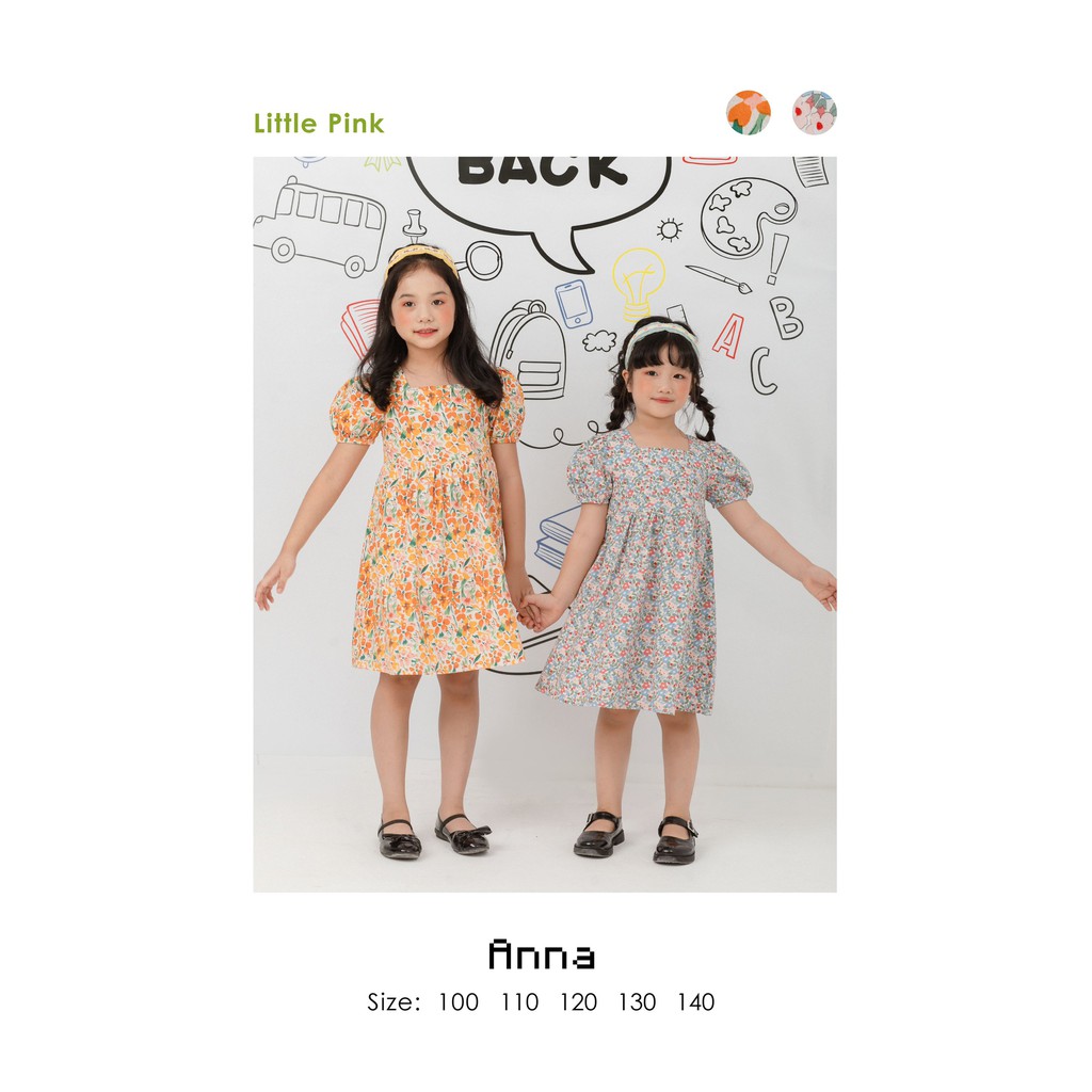 [LITTLE PINK] ANNA DRESS - Váy cổ vuông tay bồng bé gái