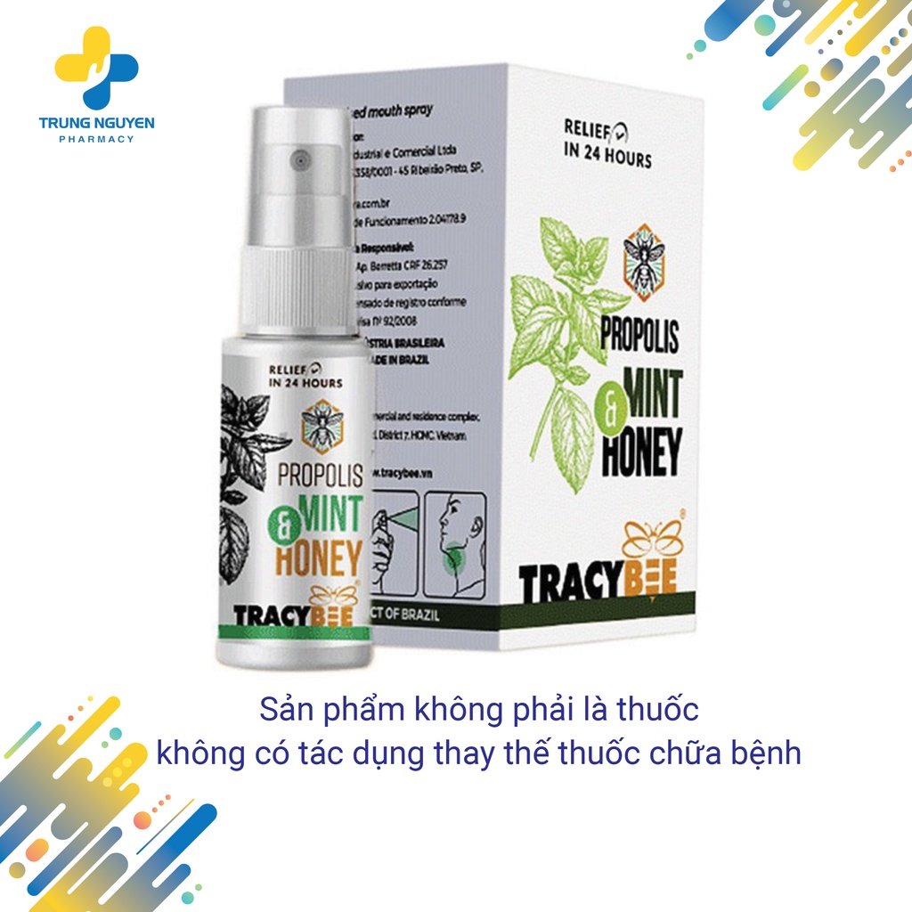 Keo Ong Xanh Brazil dạng xịt giảm viêm họng vị Bạc hà Propolis Mint & Honey Tracybee 30ml
