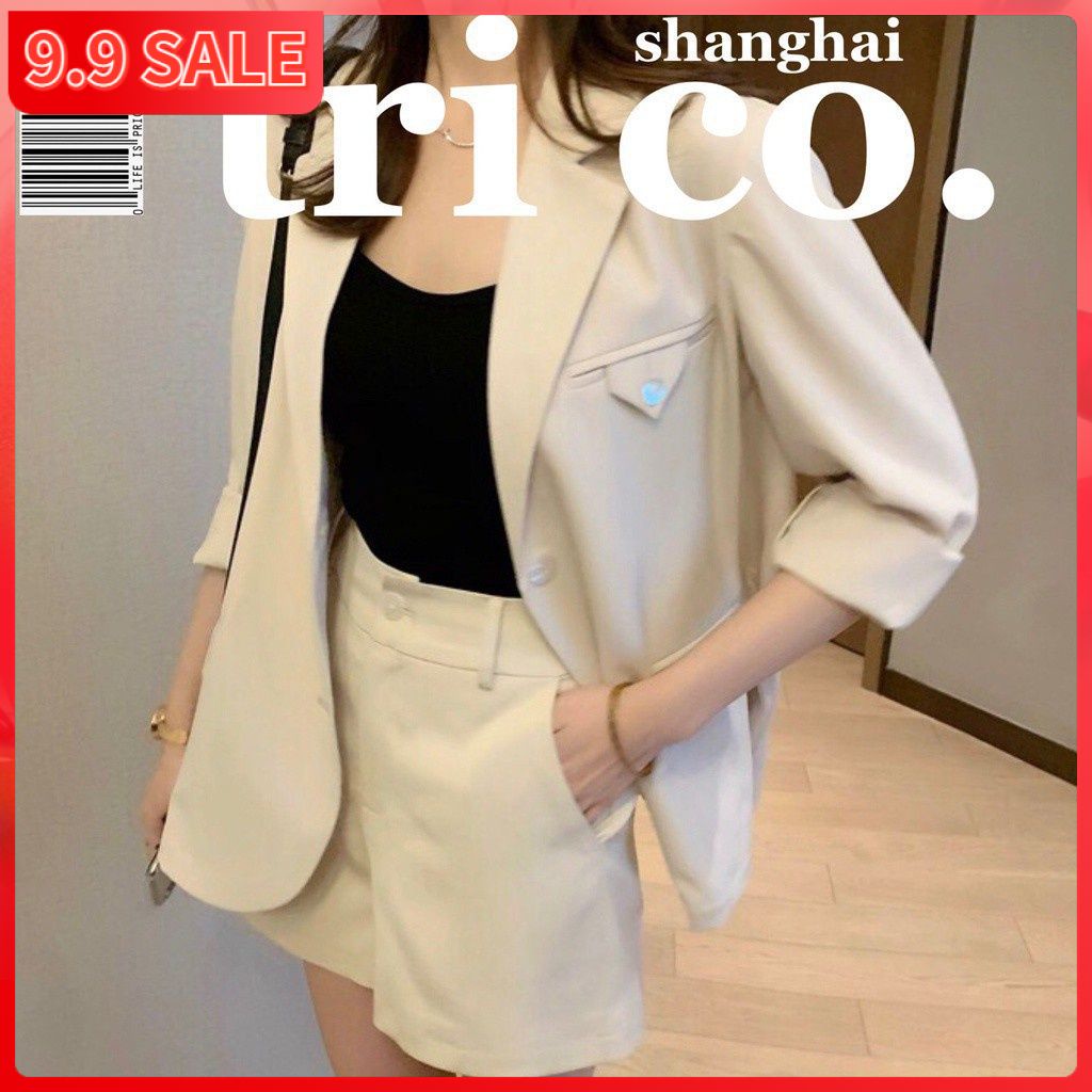 Set áo khoác blazer và quần short ống rộng phong cách Hàn Quốc thanh lịch cho nữ