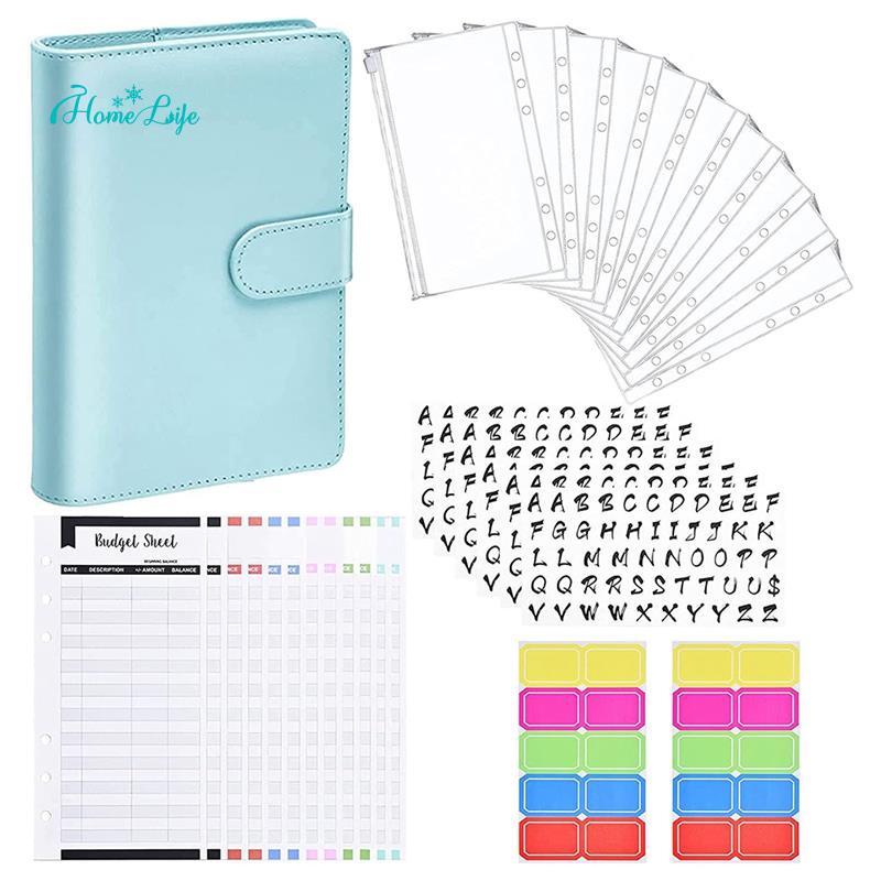 Bộ bìa da PU khổ A6 kèm 10 túi đựng có lỗ xâu gáy lò xo 6 vòng và phụ kiện dùng để làm sổ ghi kế hoạch chi tiêu