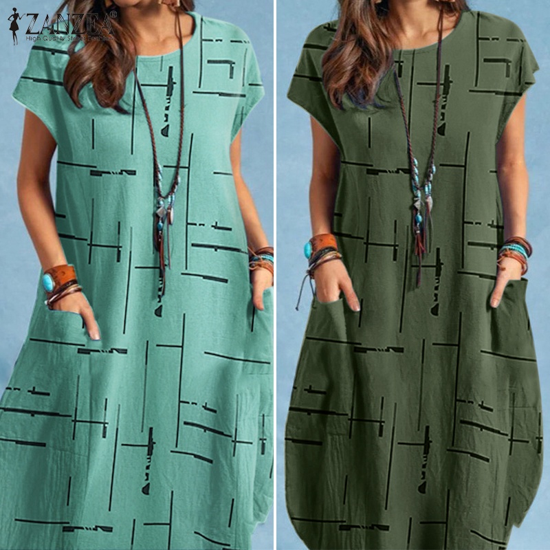 Zanzea Đầm Midi Ngắn Tay Cổ Tròn In Họa Tiết Phong Cách Châu Âu Thời Trang Cho Nữ