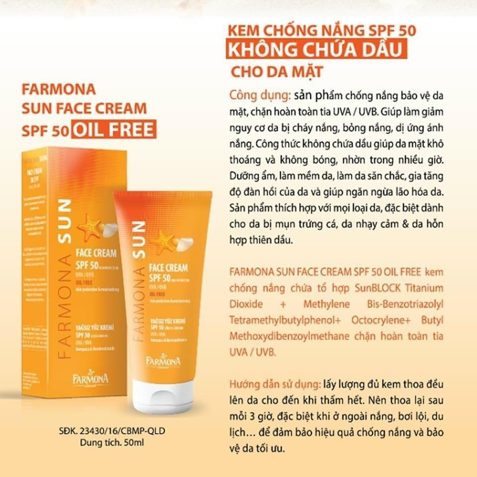 Kem Chống Nắng Farmona Sun Face Cream SPF50 Oil Free 50ml Không Chứa Dầu - Hàng Chính Hãng Tem Bill Đầy Đủ